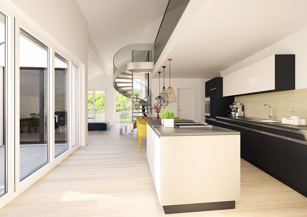 moderne Wohnung mit offener Küche und Wendeltreppe